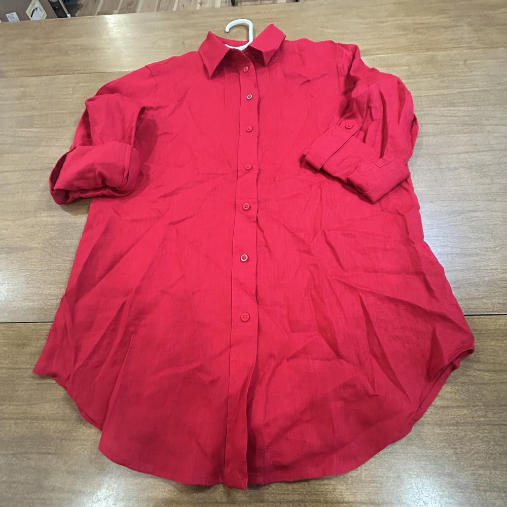 Lauren Ralph Lauren Tunic Shirt Womens Petite S Red 100% Linen Roll Tab Classic